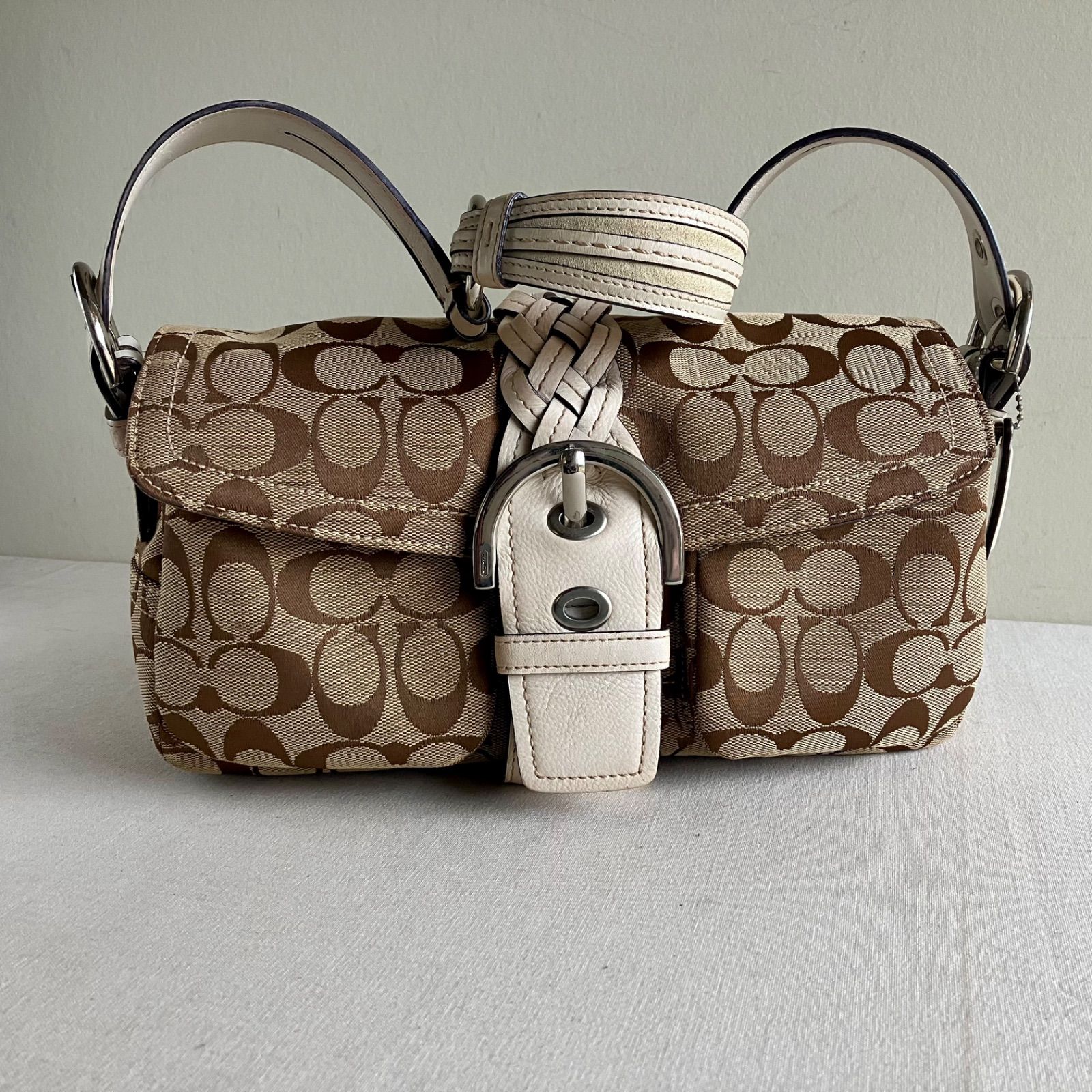 Coach Soho Canvas Braided Leather Flap Bag Brown Signature Used in