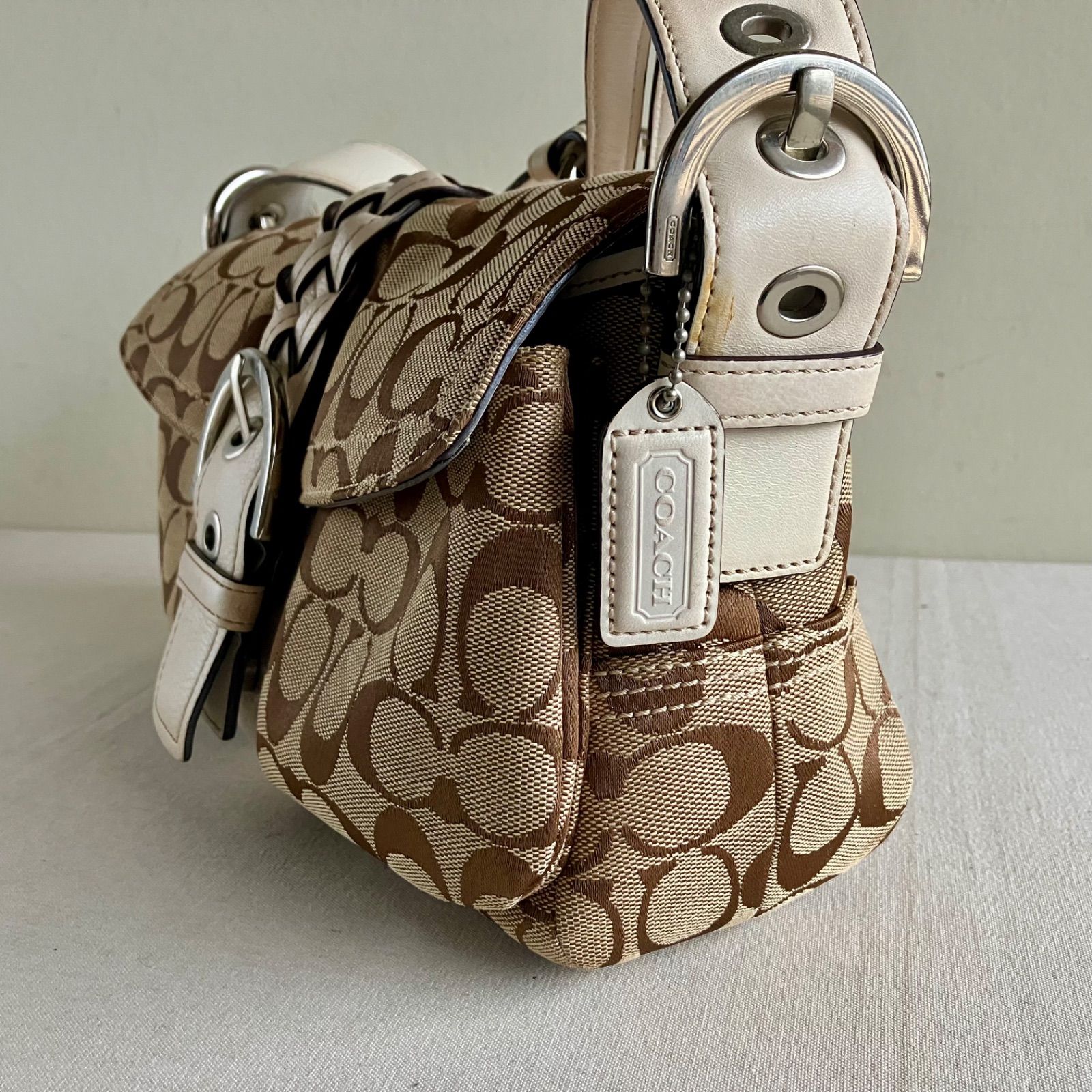 Coach Soho Canvas Braided Leather Flap Bag Brown Signature Used in