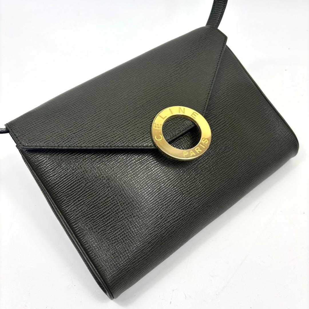 CELINE Circle Logo 2WAY Saffiano Clutch Shoulder Bag Khaki Green 