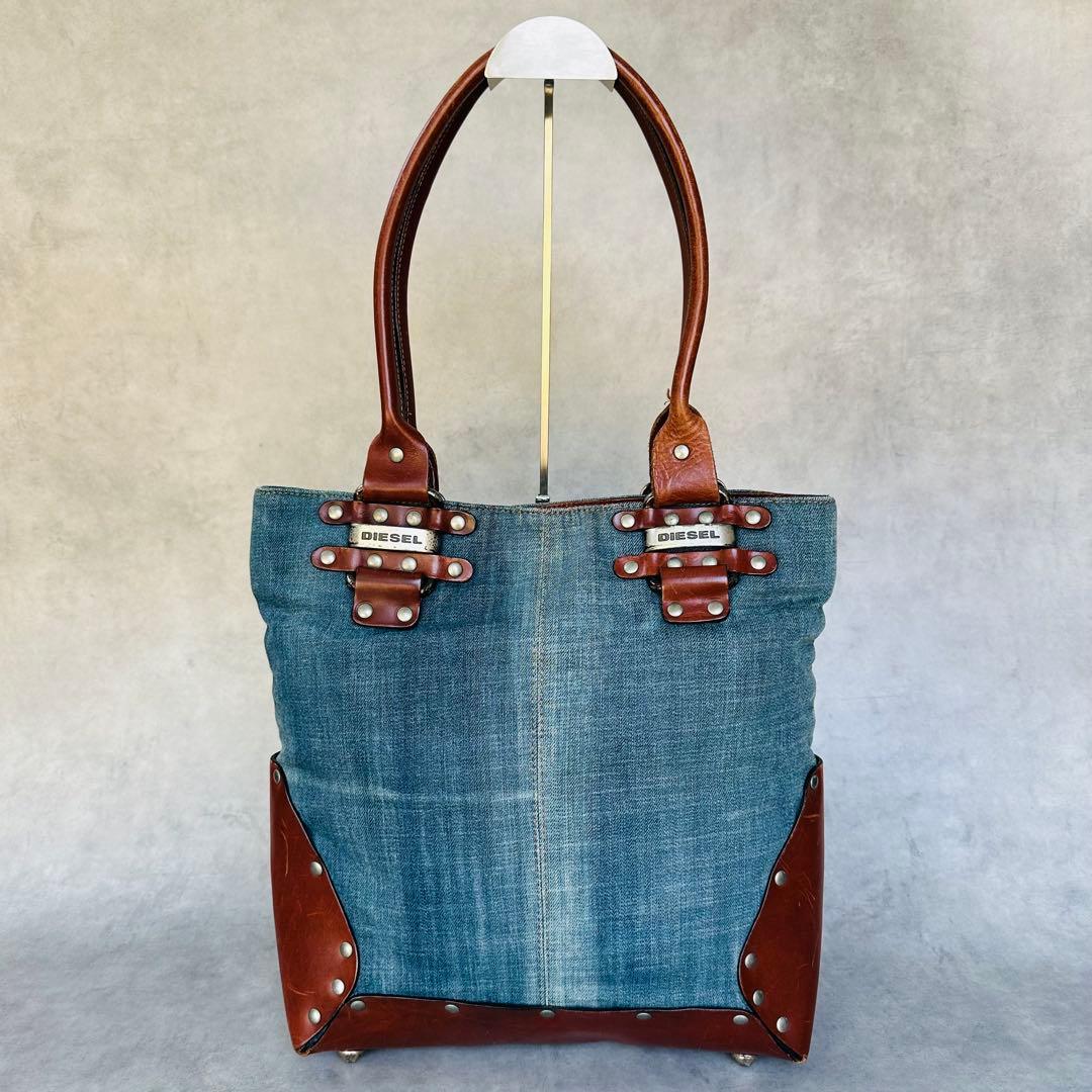DIESEL Tote bag Denim Studded Leather Indigo Brown Vintage 